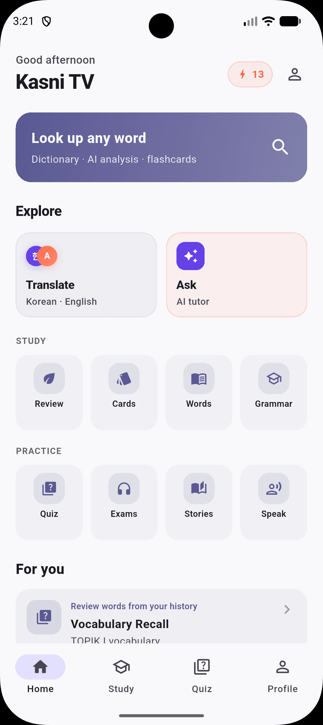 Hanuri home screen showing dictionary search, Translate, Ask AI tutor, study shortcuts, and practice tools
